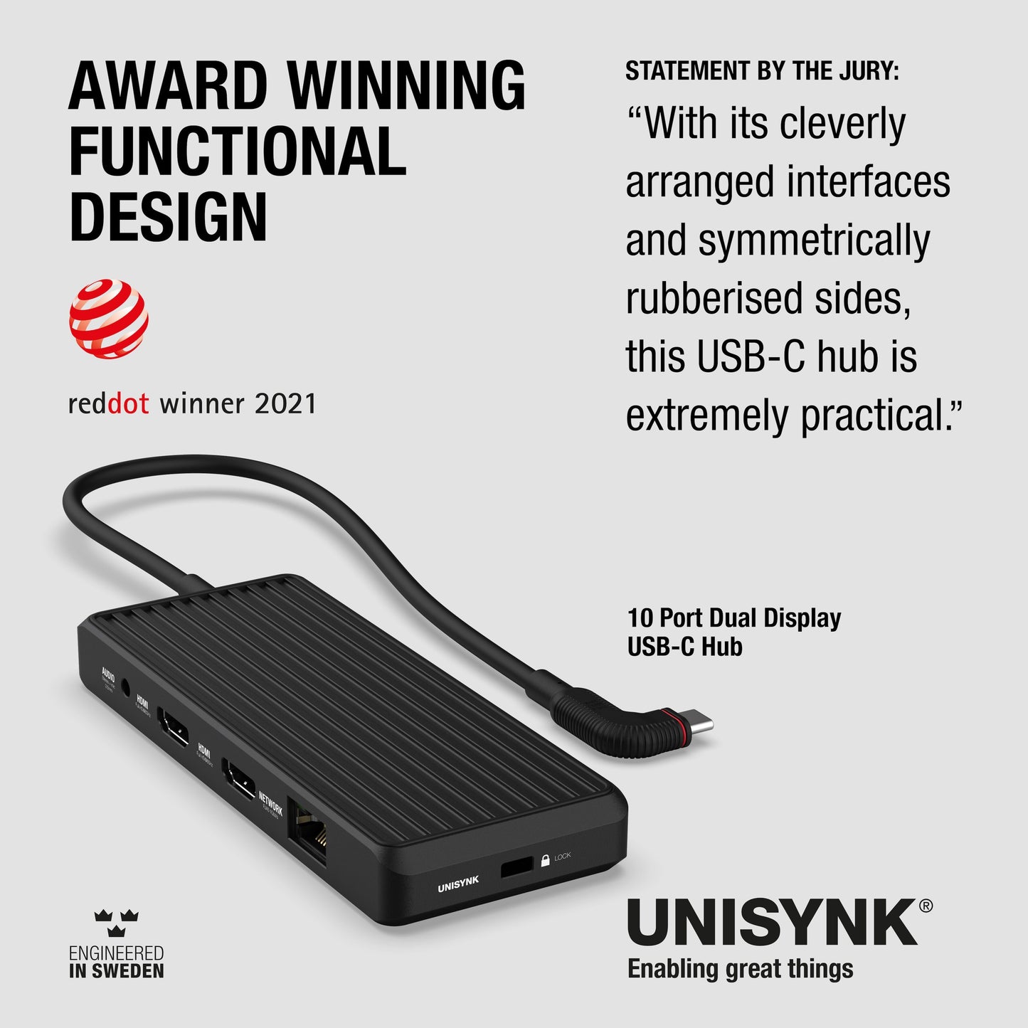 Unisynk USB-C-Hub 10 porte til dobbelt skærm Windows, sort, Red Dot Winner 2021, Unisynk-logo nederst til højre.