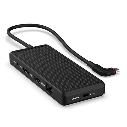 Unisynk USB-C-Hub 10 porte sort, HDMI, Ethernet, USB, lydstik, rillet overflade, fastgjort USB-C-kabel.