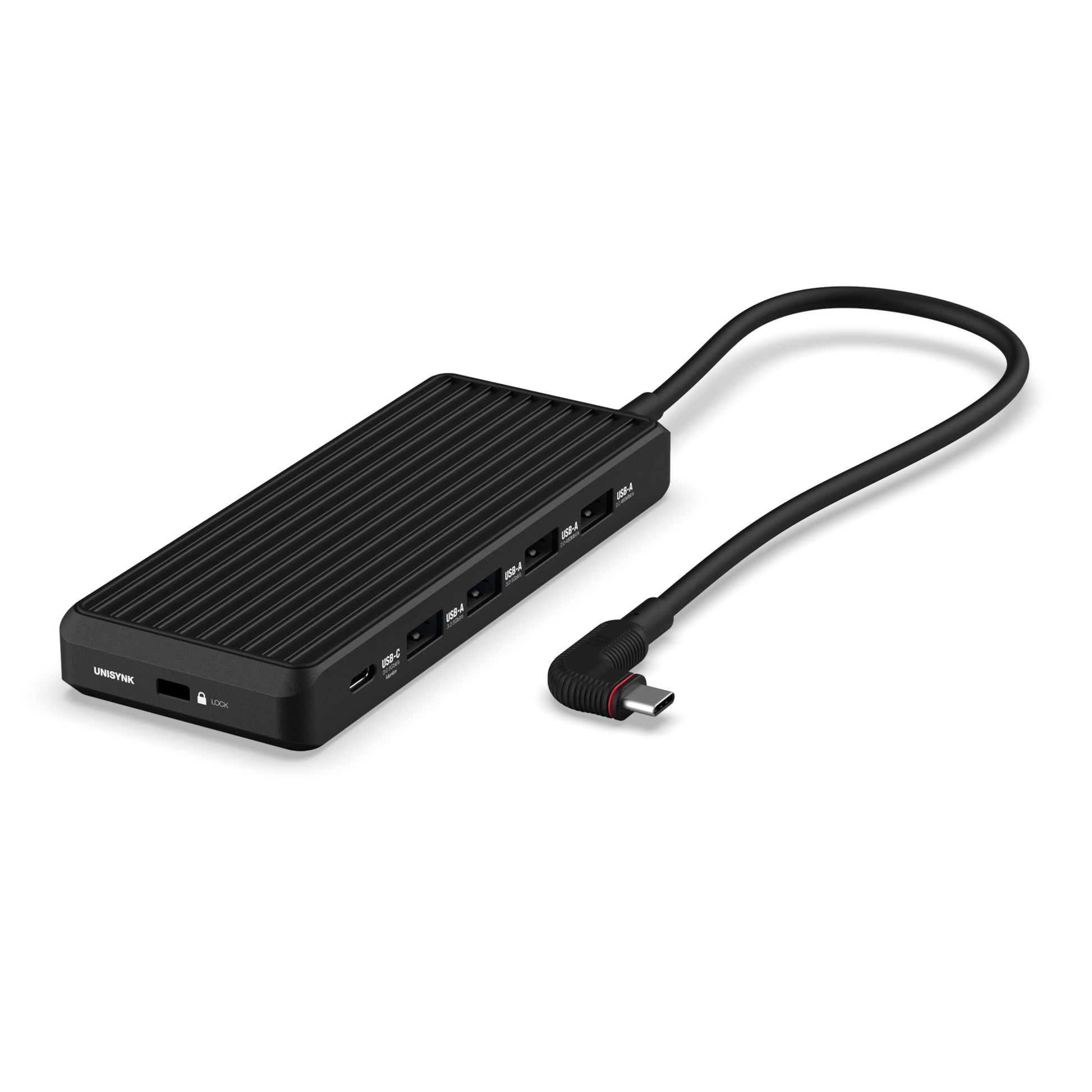 Unisynk USB-C hub sort, rektangulær, 10 porte, vinklet kabel, til dobbelt skærm på Windows laptops.