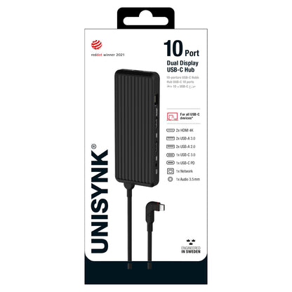 Unisynk USB-C-Hub 10 porte til dobbelt skærm Windows, HDMI, USB-A/C, SD, netværk, lyd, Red Dot Winner 2021 badge.