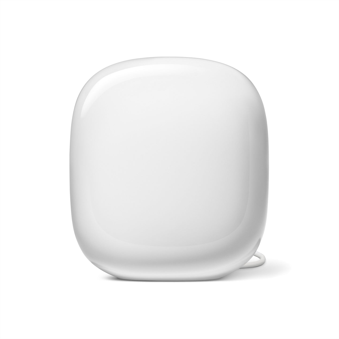 Google Nest Wifi Pro AXE4200 mesh-router, hvid, afrundet design med blank overflade og bagudvendt kabel, WiFi 6E.