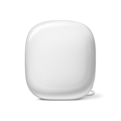 Google Nest Wifi Pro AXE4200 mesh-router, hvid, afrundet design med blank overflade og bagudvendt kabel, WiFi 6E.