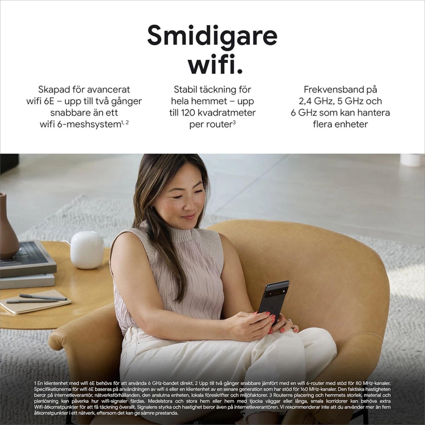 Google Nest Wifi Pro AXE4200 1-pakke WiFi 6E router mesh dækning op til 120 m² support for flere bånd og enheder.