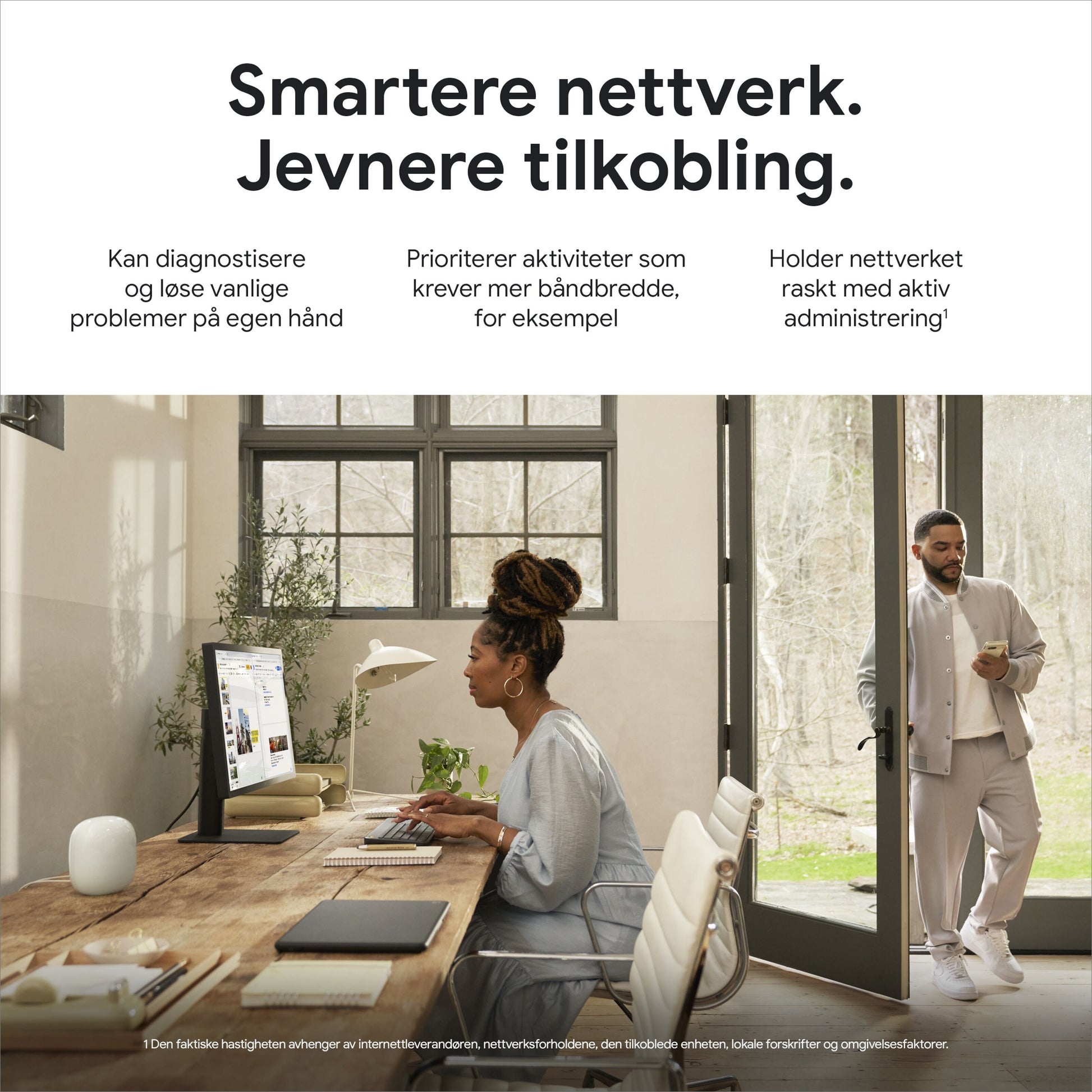Google Nest Wifi Pro AXE4200 1-pak, hvid, norsk tekst fremhæver netværksfordele, hjemmebrug-situation.