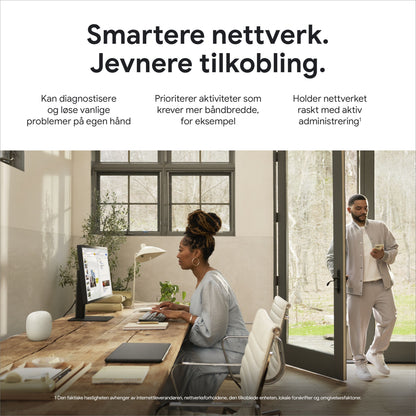 Google Nest Wifi Pro AXE4200 1-pak, hvid, norsk tekst fremhæver netværksfordele, hjemmebrug-situation.