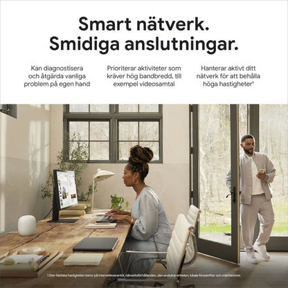 Google Nest Wifi Pro AXE4200 (1-pakke) router i brug på kontor, svensk tekst viser navnetræk.
