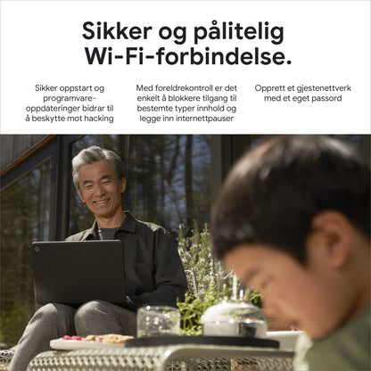 Google Nest Wifi Pro AXE4200 1-pak, Wi-Fi-router, norsk tekst om sikker wifi, forældrekontrol og gæstenetværk synlig.
