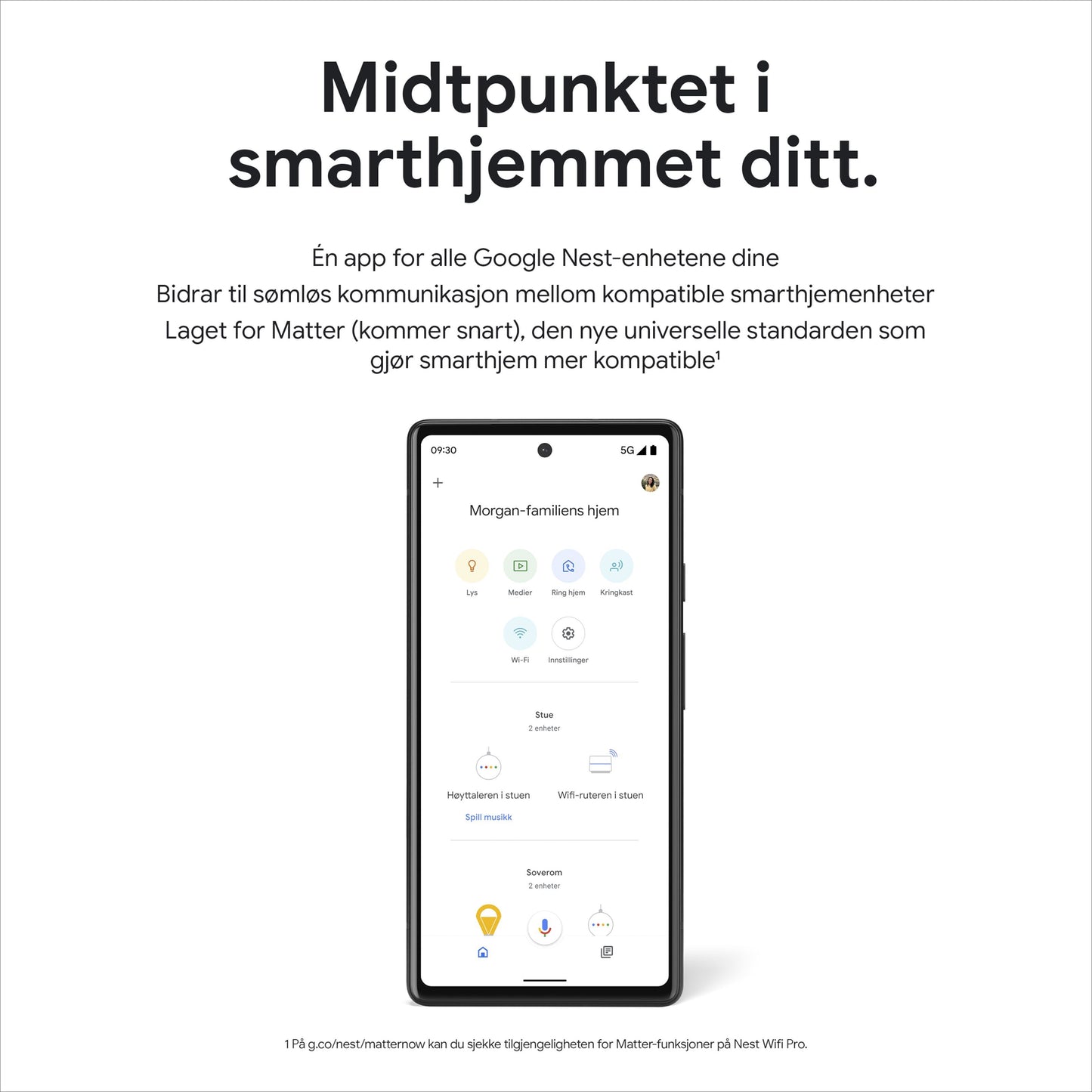 Google Nest Wifi Pro AXE4200 1-pakke mesh-router Matter kompatibilitet fremhævet norsk tekst på emballage.