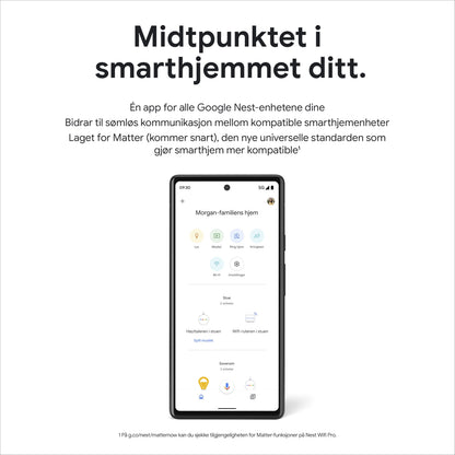 Google Nest Wifi Pro AXE4200 1-pakke mesh-router Matter kompatibilitet fremhævet norsk tekst på emballage.