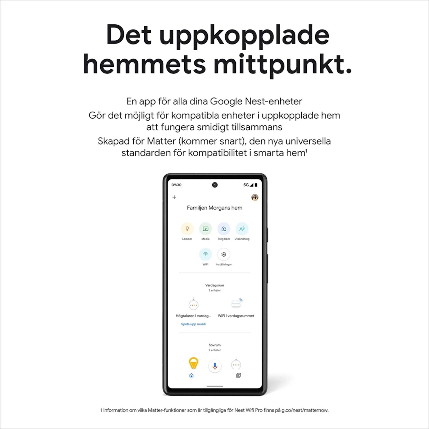 Smartphone med smart home-app, svensk tekst om Google Nest Wifi Pro AXE4200 1-pakke og mesh-router-kompatibilitet.