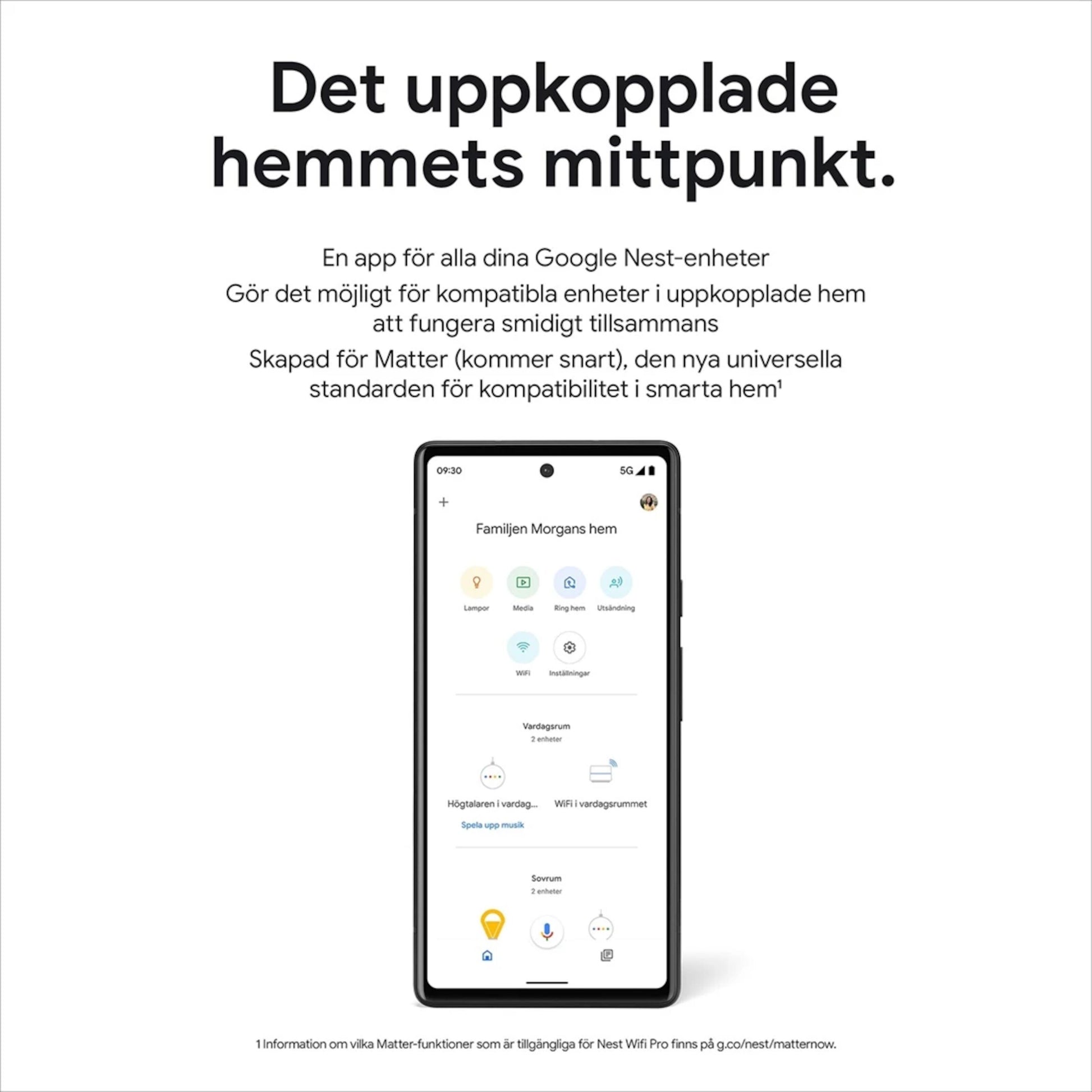 Smartphone med smart home-app, svensk tekst om Google Nest Wifi Pro AXE4200 1-pakke og mesh-router-kompatibilitet.
