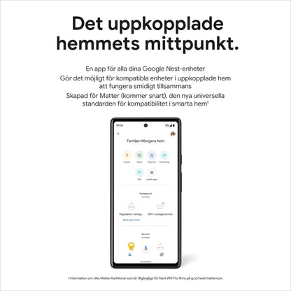 Smartphone med smart home-app, svensk tekst om Google Nest Wifi Pro AXE4200 1-pakke og mesh-router-kompatibilitet.