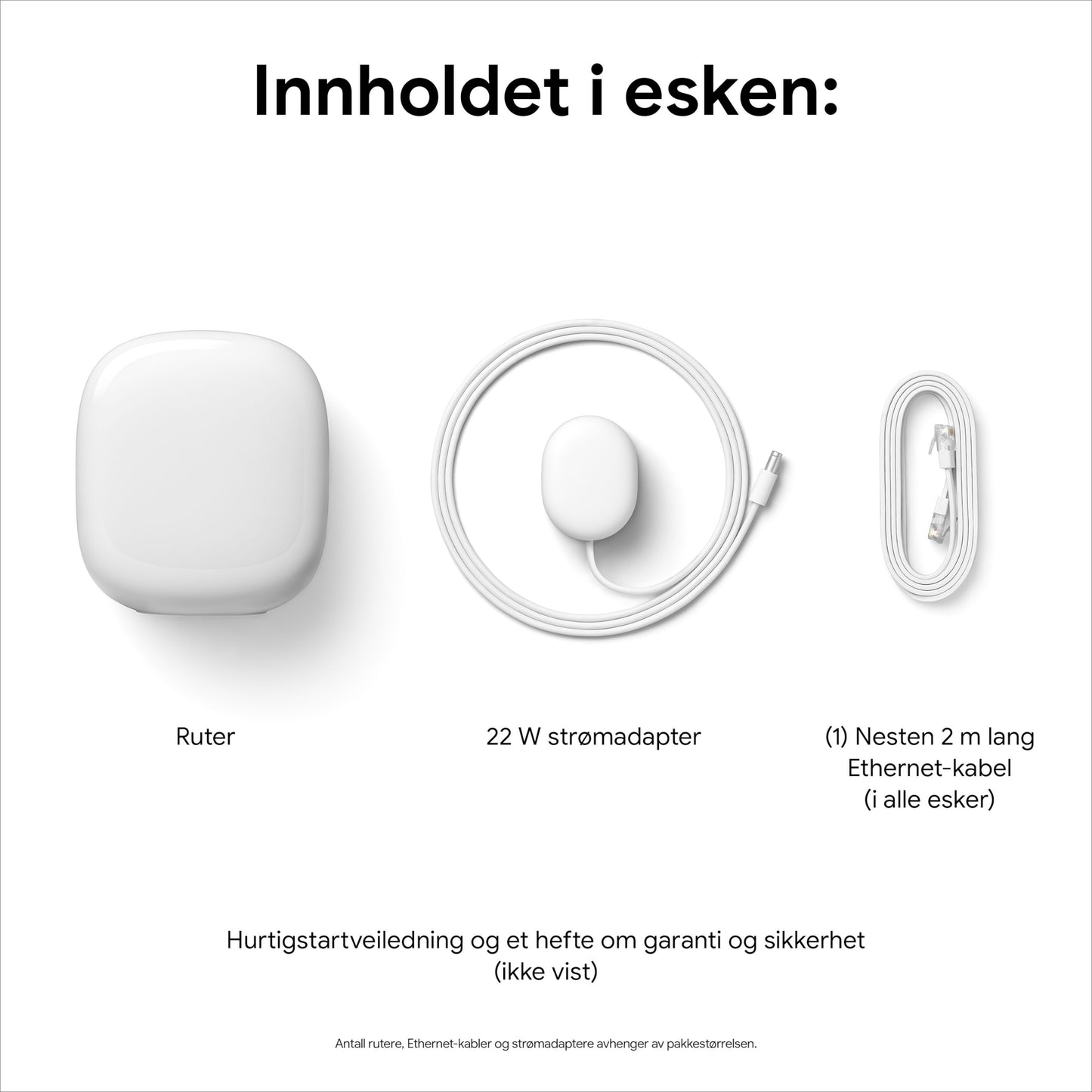 Google Nest Wifi Pro AXE4200 hvid, 22W strømadapter med kabel, Ethernet-kabel ca 2m, alt synligt i æsken.