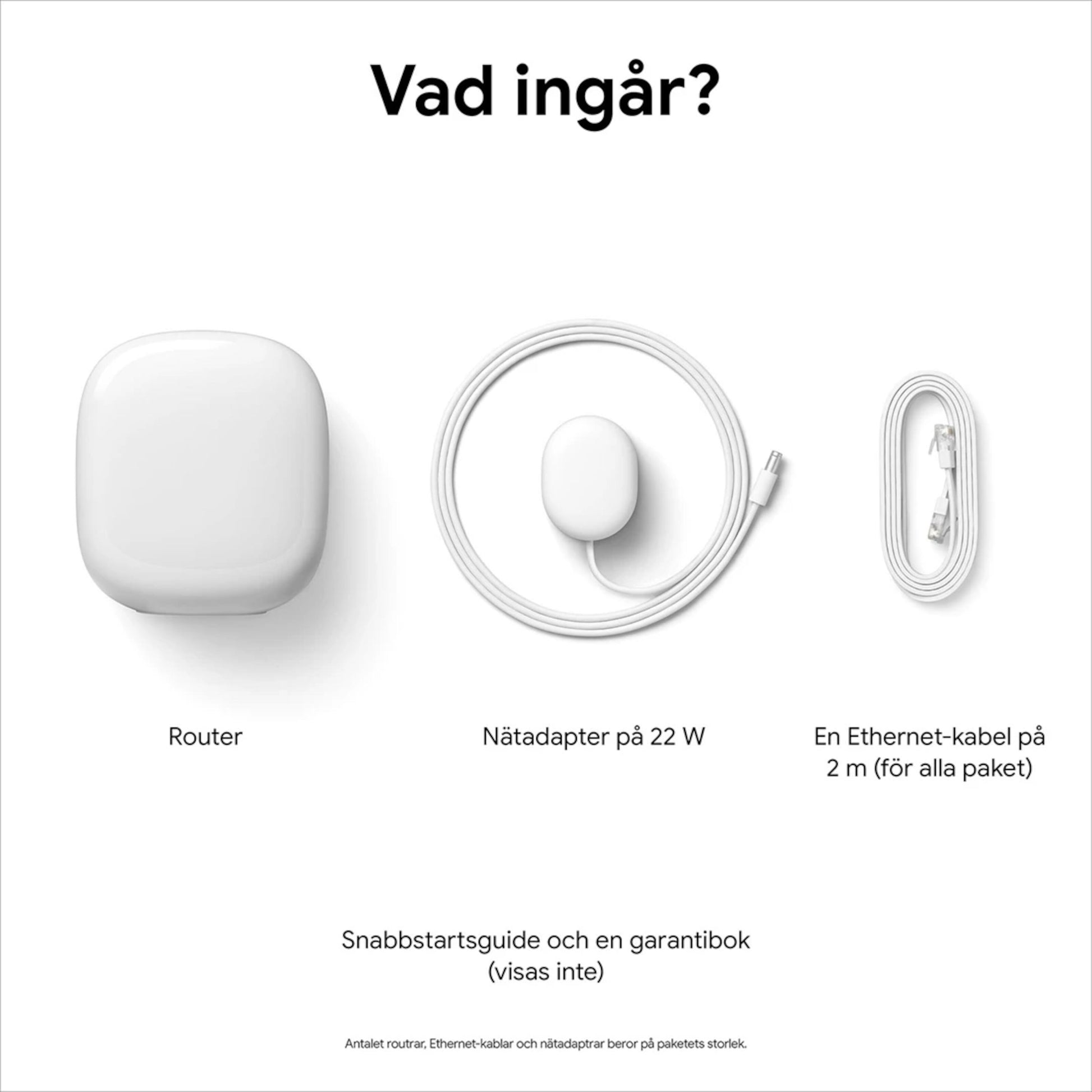 Google Nest Wifi Pro AXE4200 1-pakke, hvid WiFi 6E-router, 22W strømforsyning, 2m ethernetkabel.