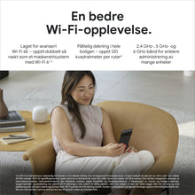 Google Nest Wifi Pro AXE4200 3-pak mesh WiFi 6E router synlig nær bruger med smartphone, norsk tekst om WiFi 6E.