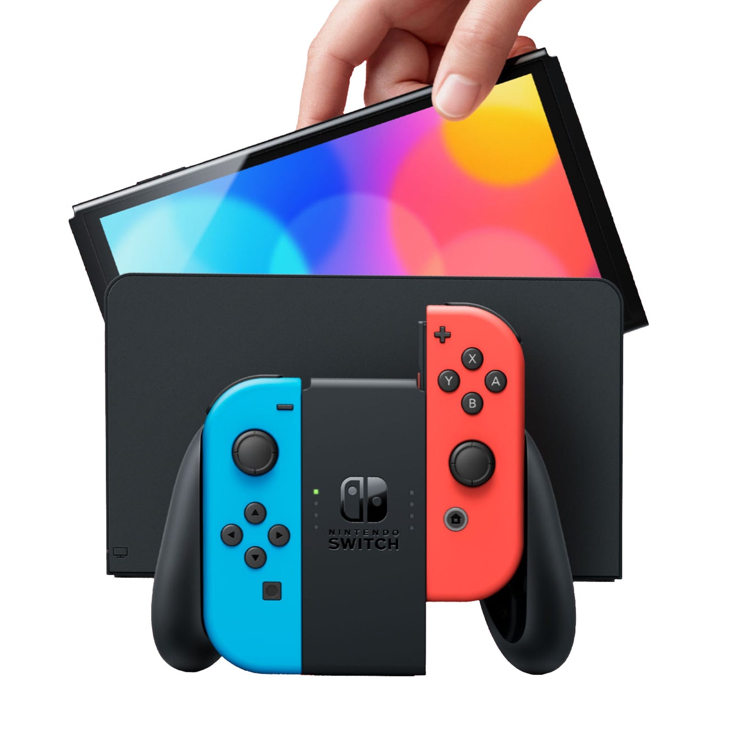Nintendo Switch OLED spillekonsol 7" rød/blå, blå og rød Joy-Con, hånd dockes, bokeh-effekt på skærm.
