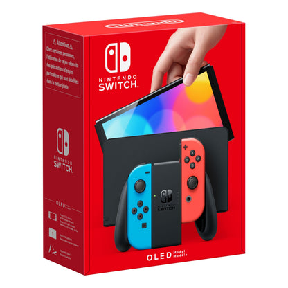Nintendo Switch OLED Spillekonsol 7" rød/blå, neon blå og rød Joy-Con, hånd dokker konsollen, Nintendo Switch/OLED logo.