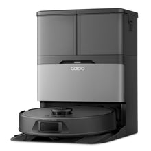 Tapo RV50 Pro Omni robotstøvsuger sort/grå i alt-i-en basestation med rund form og rektangulær docking.