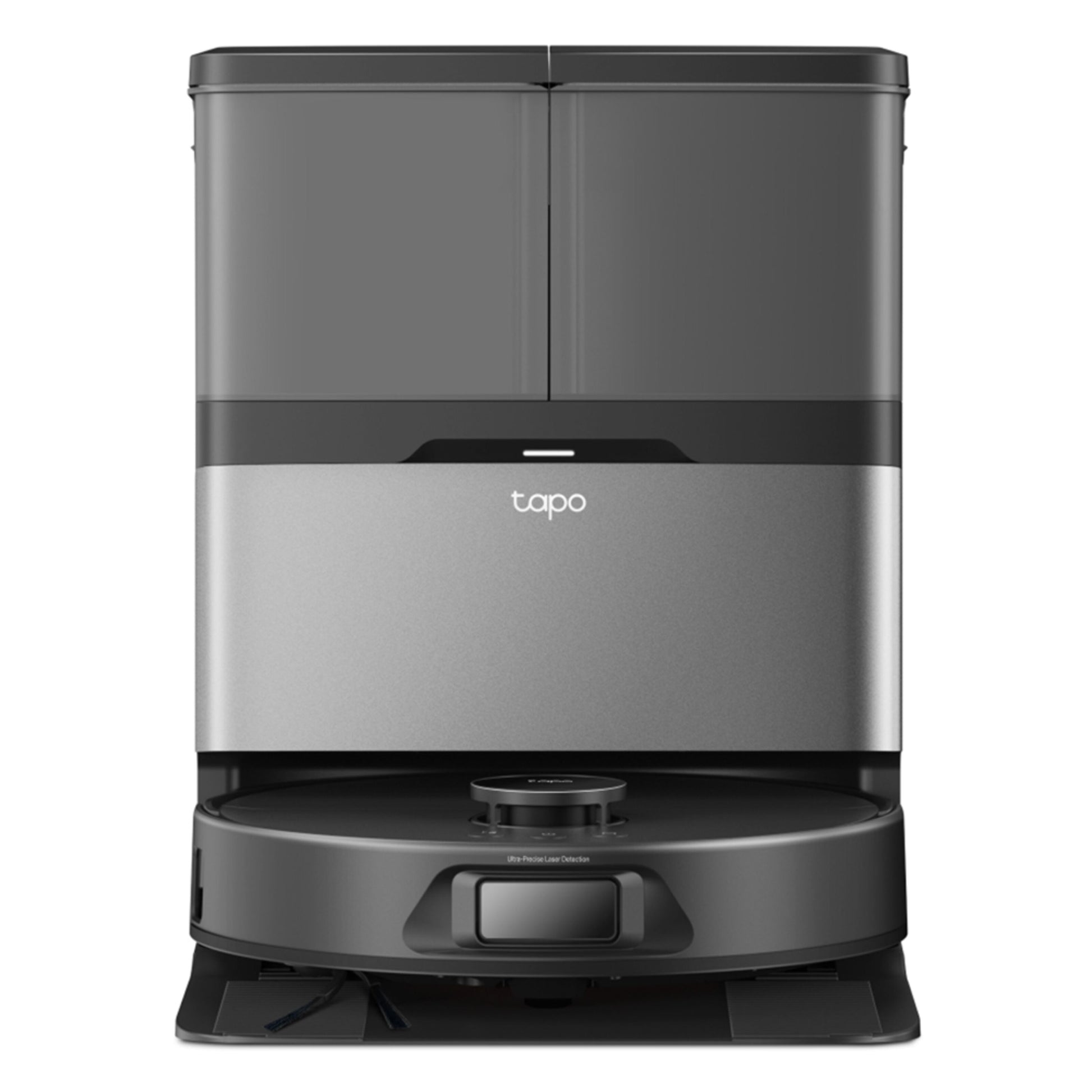 TP-Link Tapo RV50 Pro Omni robotstøvsuger med basestation, sort og grå, kompakt design, synligt Tapo-logo.