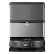TP-Link Tapo RV50 Pro Omni robotstøvsuger med basestation, sort og grå, kompakt design, synligt Tapo-logo.