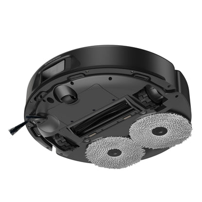 TP-Link Tapo RV50 Pro Omni robotstøvsuger set nedefra med to runde moppeklude, hovedbørste, sidebørste, hjul og sensor.