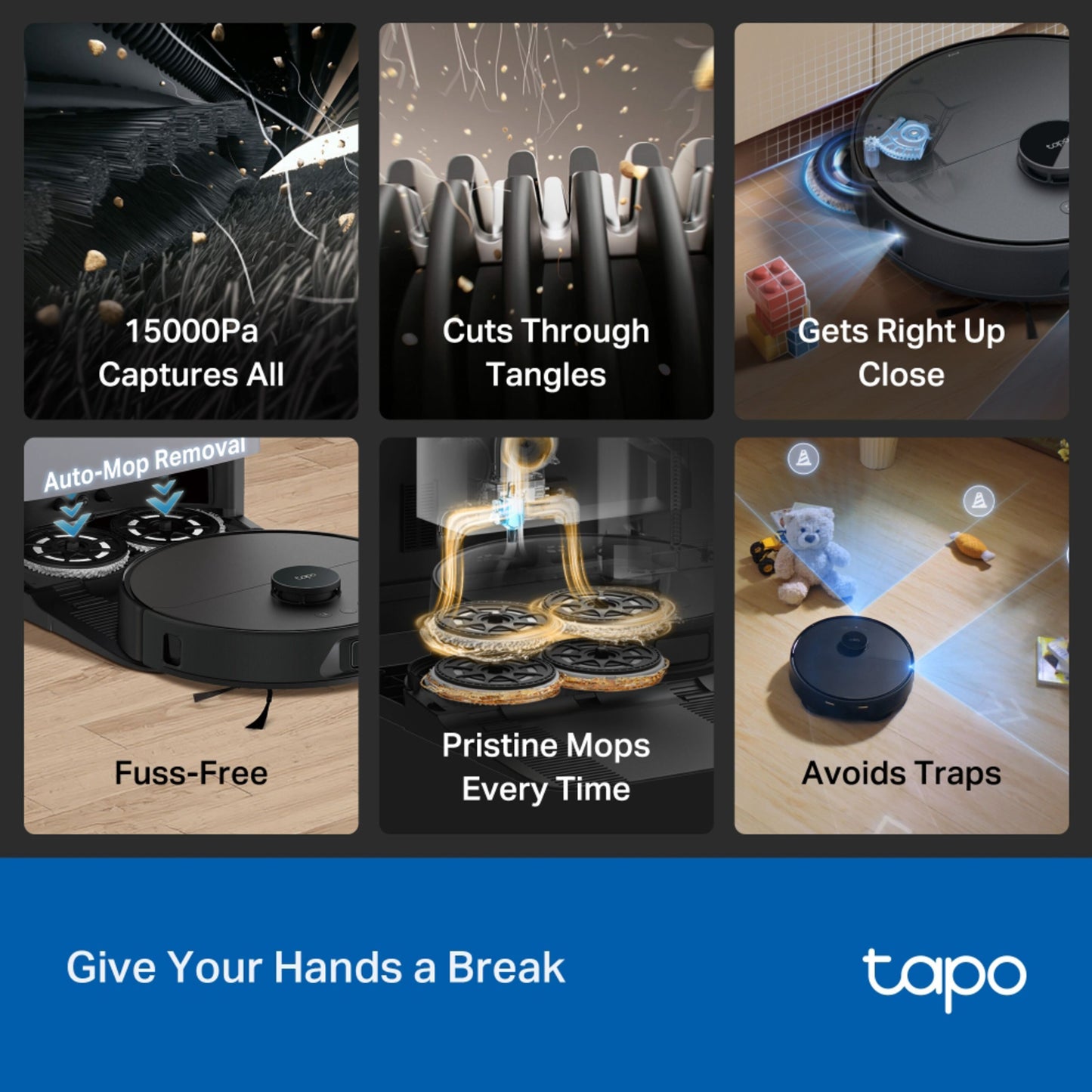 TP-Link Tapo RV50 Pro Omni robotstøvsuger med basestation, stærk sugestyrke, anti-tangle børste, roterende moppehoveder.