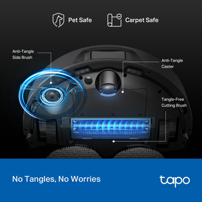 TP-Link Tapo RV50 Pro Omni robotstøvsuger med basestation, anti-tangle sidebørste, tangle-free børste, ikoner til kæledyr/tæppe.