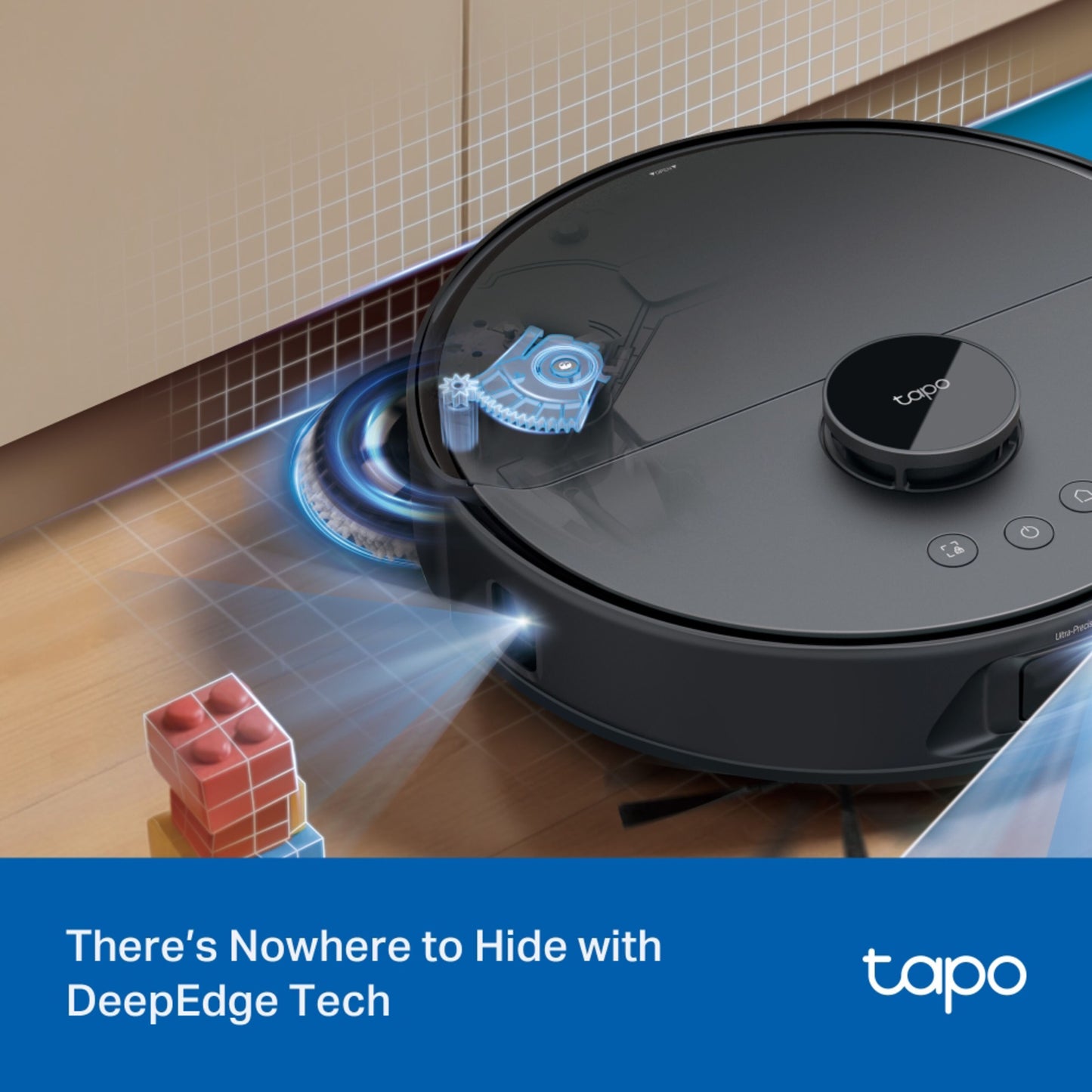 Tapo RV50 Pro Omni robotstøvsuger med DeepEdge forhindringsdetektering tæt på vægge og møbler, velegnet til hjem med kæledyr.