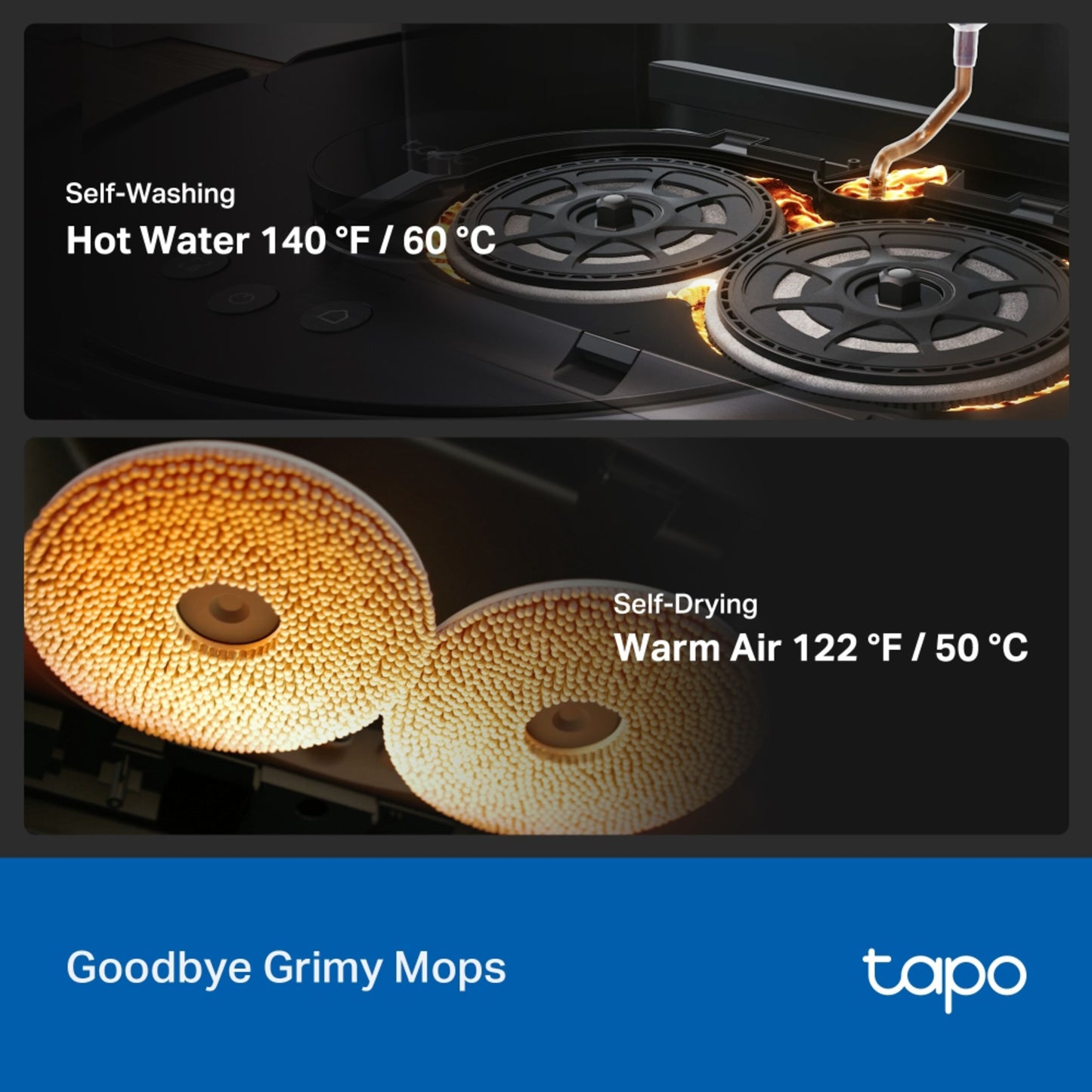 TP-Link Tapo RV50 Pro Omni robotstøvsuger med basestation top 60°C moppevask, bund 50°C lufttørring.