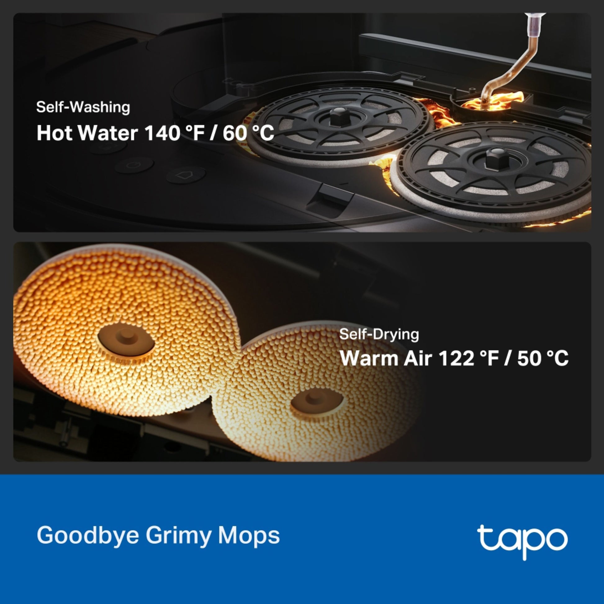 TP-Link Tapo RV50 Pro Omni robotstøvsuger med basestation top 60°C moppevask, bund 50°C lufttørring.