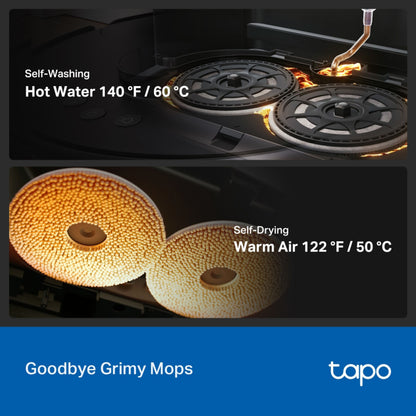 TP-Link Tapo RV50 Pro Omni robotstøvsuger med basestation top 60°C moppevask, bund 50°C lufttørring.