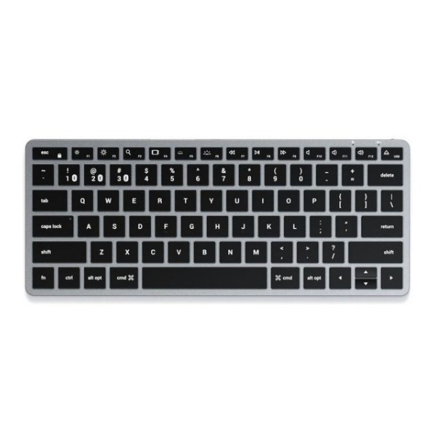 Satechi Slim X1 trådløst tastatur sort med hvide taster, macOS-funktioner og kommando-/option-/kontrol-taster set oppefra.