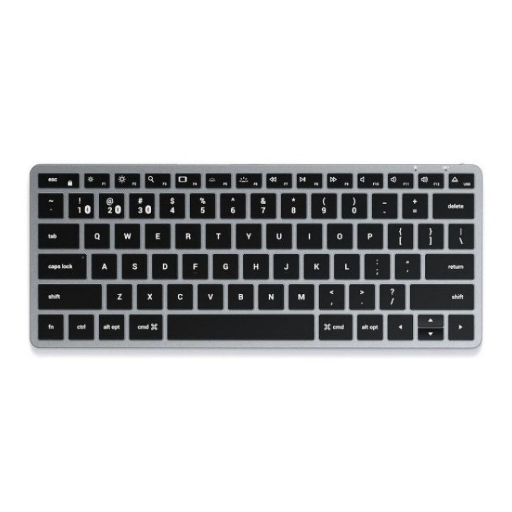 Satechi Slim X1 trådløst tastatur sort med hvide taster, macOS-funktioner og kommando-/option-/kontrol-taster set oppefra.