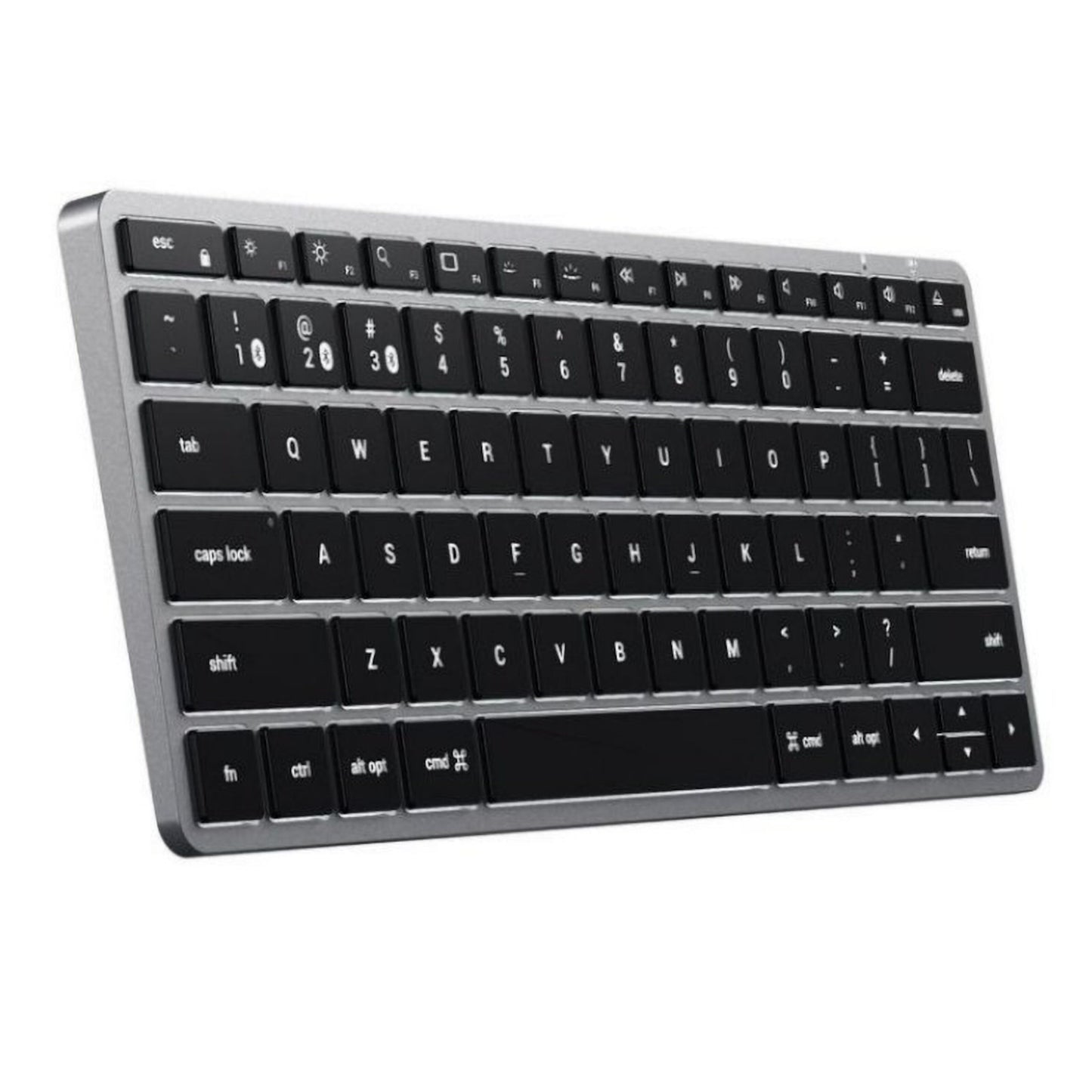 Satechi Slim X1 trådløst tastatur, sort med sølvramme, QWERTY-layout, chiclet-taster, funktionsknapper, macOS-kompatibel.