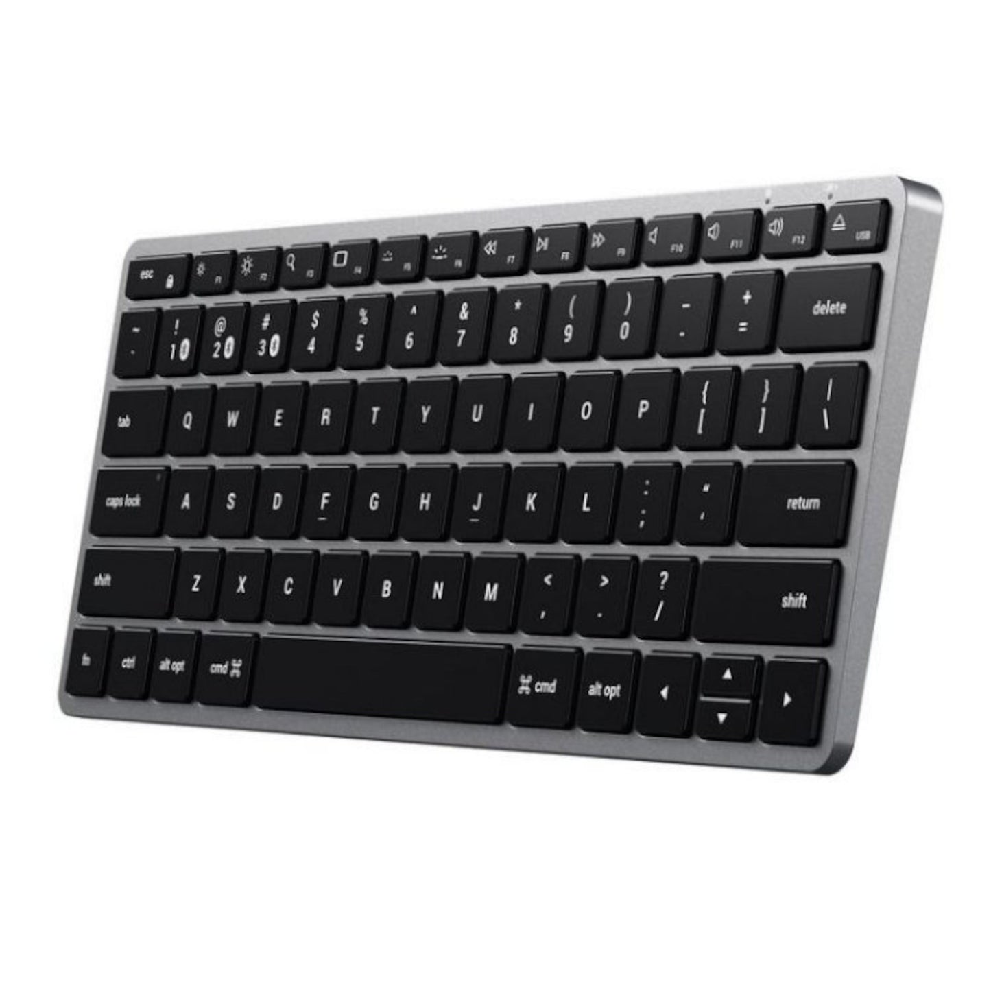 Satechi Slim X1 trådløst tastatur, sort, kompakt QWERTY-layout, chiclet-taster, macOS command- og option-taster.