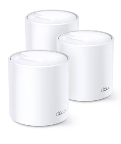Tp-Link Deco X60 V3.20 AX5400 mesh router 3 stk hvide enheder i trekantet opstilling.