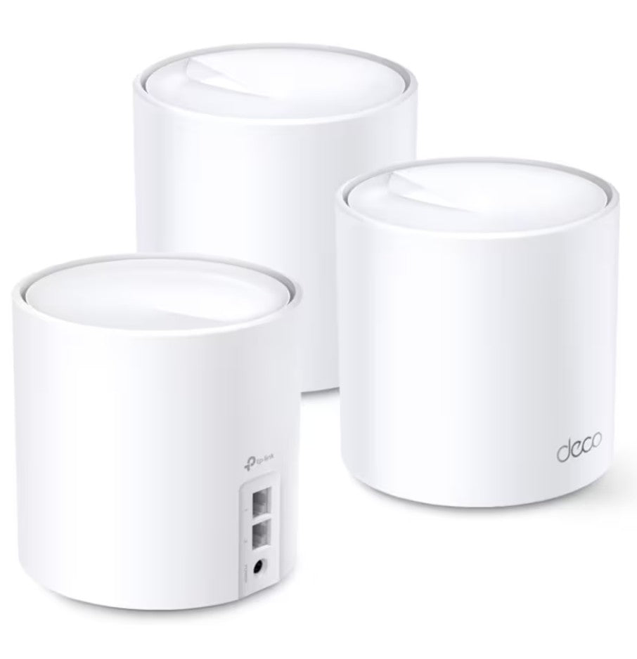 TP-Link Deco X60 V3.20 Mesh System AX5400, hvid, sæt med 3, Deco og TP-Link logo, Ethernet-porte synlige på én enhed.
