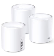 TP-Link Deco X60 V3.20 Mesh System AX5400, hvid, sæt med 3, Deco og TP-Link logo, Ethernet-porte synlige på én enhed.