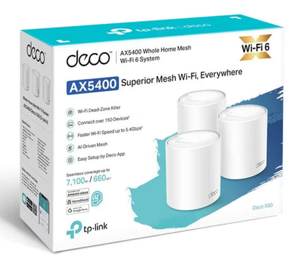 TP-Link Deco X60 V3.20 Mesh System AX5400 3-pak hvide enheder, AI-drevet mesh, Superior Mesh Wi-Fi-logo på æsken.