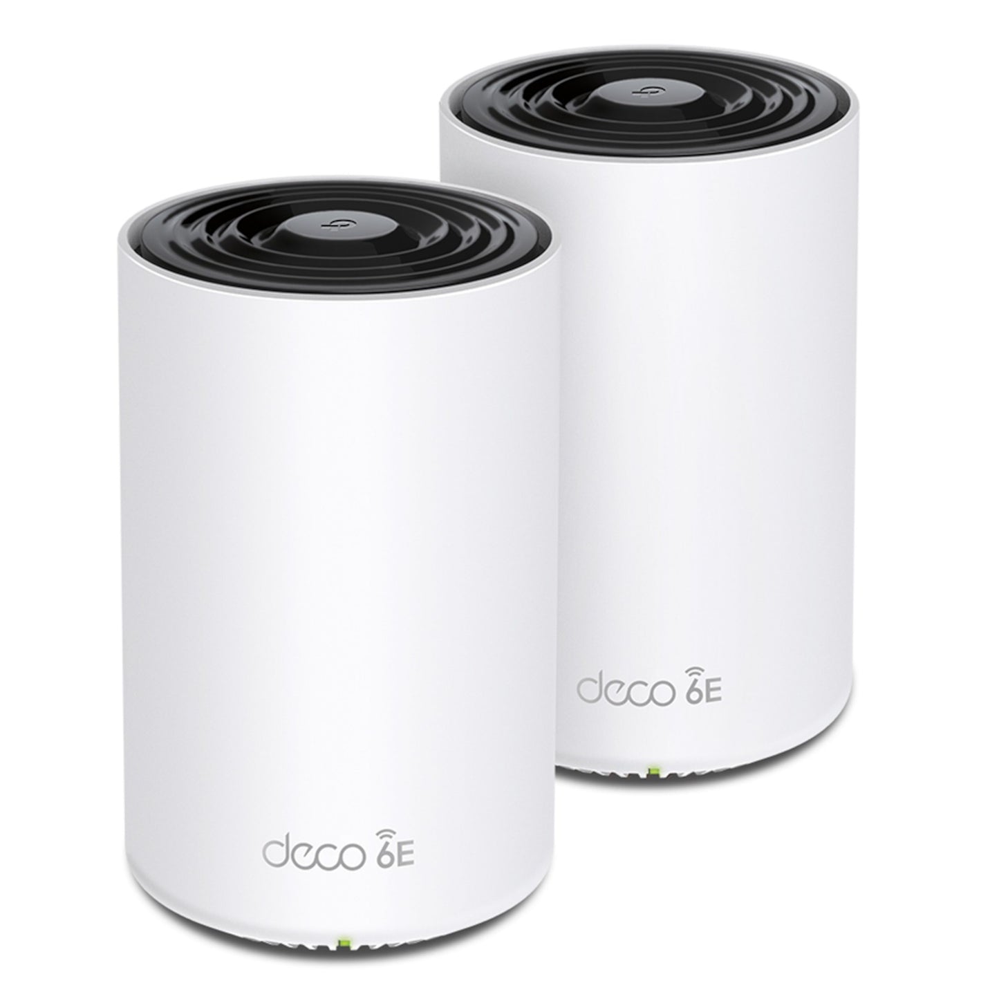 Tp-Link Deco XE75 mesh WiFi 6E AXE5400 hvide cylindre med sort ventileret top, LED-lys og Deco 6E-logo på fronten.