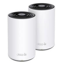 Tp-Link Deco XE75 mesh WiFi 6E AXE5400 hvide cylindre med sort ventileret top, LED-lys og Deco 6E-logo på fronten.