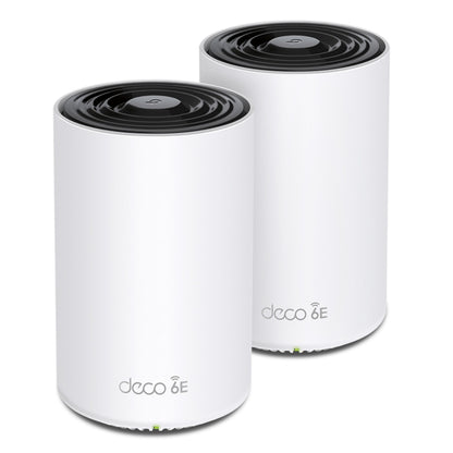 Tp-Link Deco XE75 mesh WiFi 6E AXE5400 hvide cylindre med sort ventileret top, LED-lys og Deco 6E-logo på fronten.