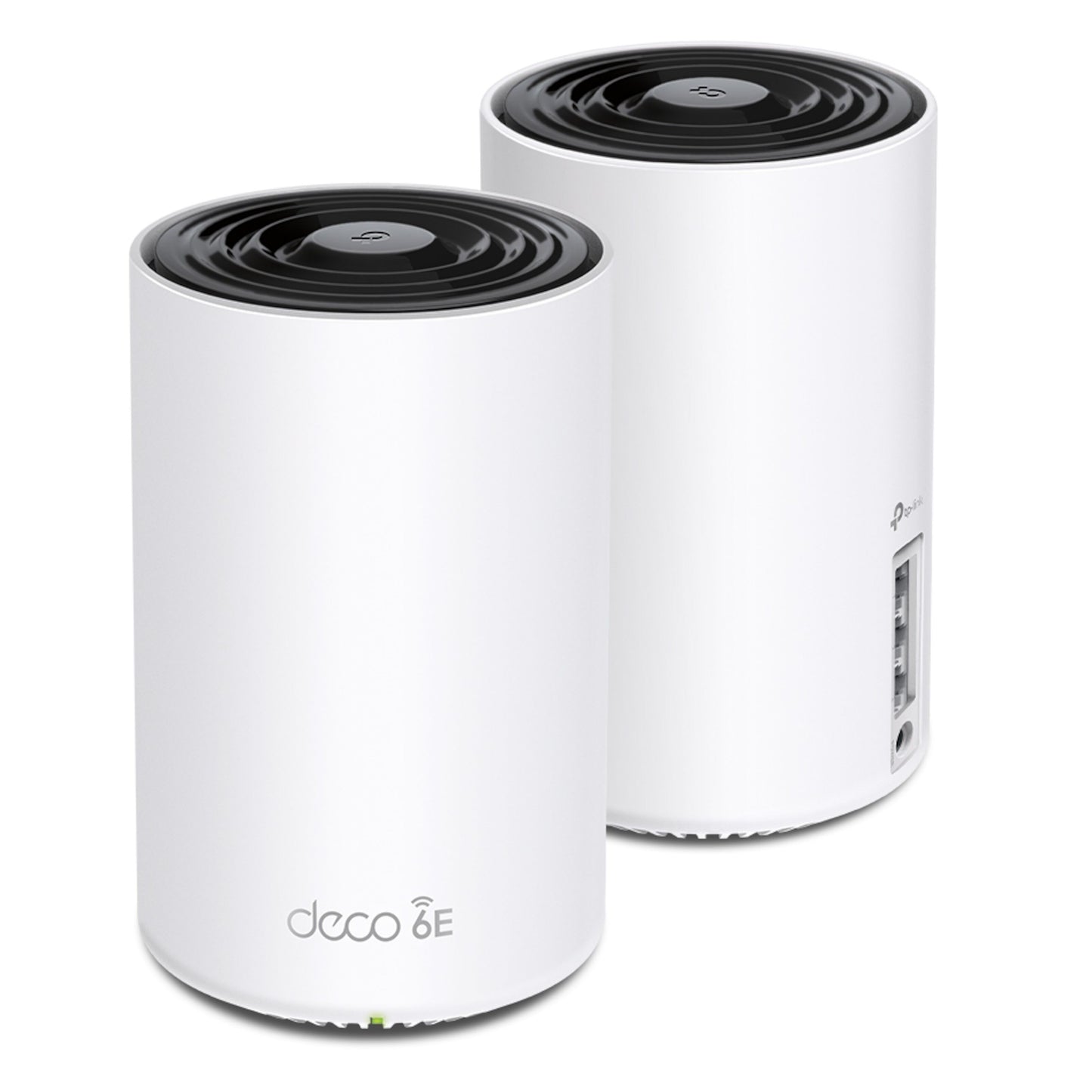 TP-Link Deco XE75 Mesh Wifi 6E AXE5400 til hvide cylindre, én med Deco 6E-logo og lys, én med Ethernet- og strømporte.