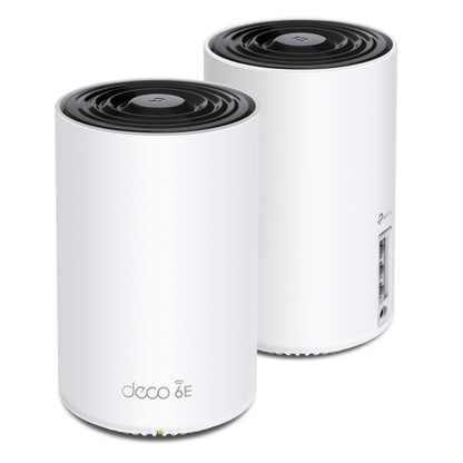 TP-Link Deco XE75 Mesh Wifi 6E AXE5400 til hvide cylindre, én med Deco 6E-logo og lys, én med Ethernet- og strømporte.