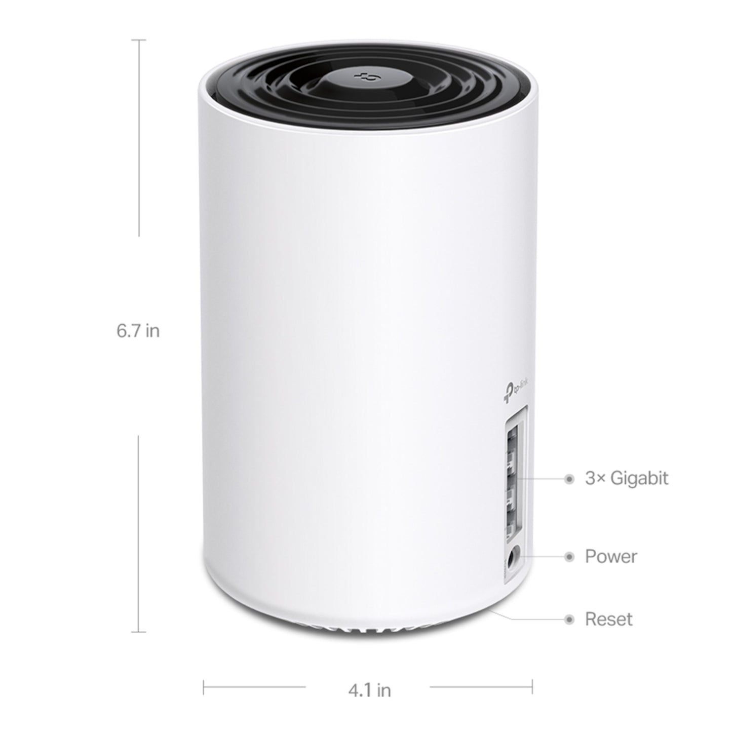TP-Link Deco XE75 Mesh System Wifi 6E AXE5400 2-pack cylinder, 6,7x4,1", porte: 3× Gigabit, Power, Reset, viste mål med pile.