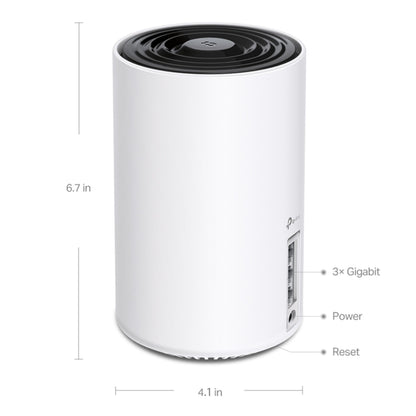 TP-Link Deco XE75 Mesh System Wifi 6E AXE5400 2-pack cylinder, 6,7x4,1", porte: 3× Gigabit, Power, Reset, viste mål med pile.