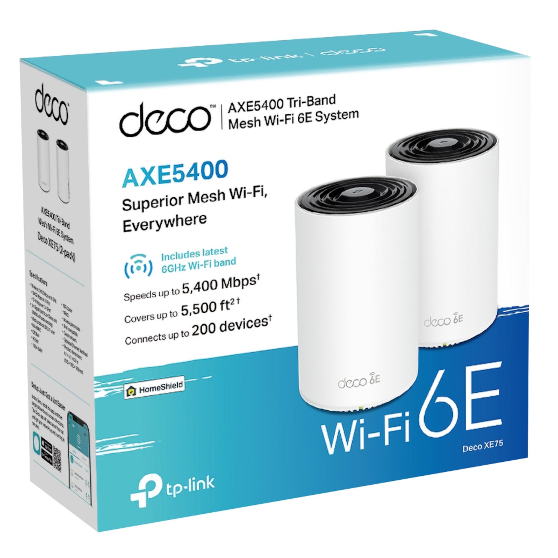 TP-Link Deco XE75 mesh system AXE5400 2-pack hvide enheder, WiFi 6E, op til 5400 Mbps, dækker 510 m², maks 200 enheder.