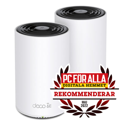 TP-Link Deco XE75 Mesh WiFi 6E AXE5400 2-pack hvide cylindre, modelnavn og badge "PC FÖR ALLA MAJ 2022" vises.