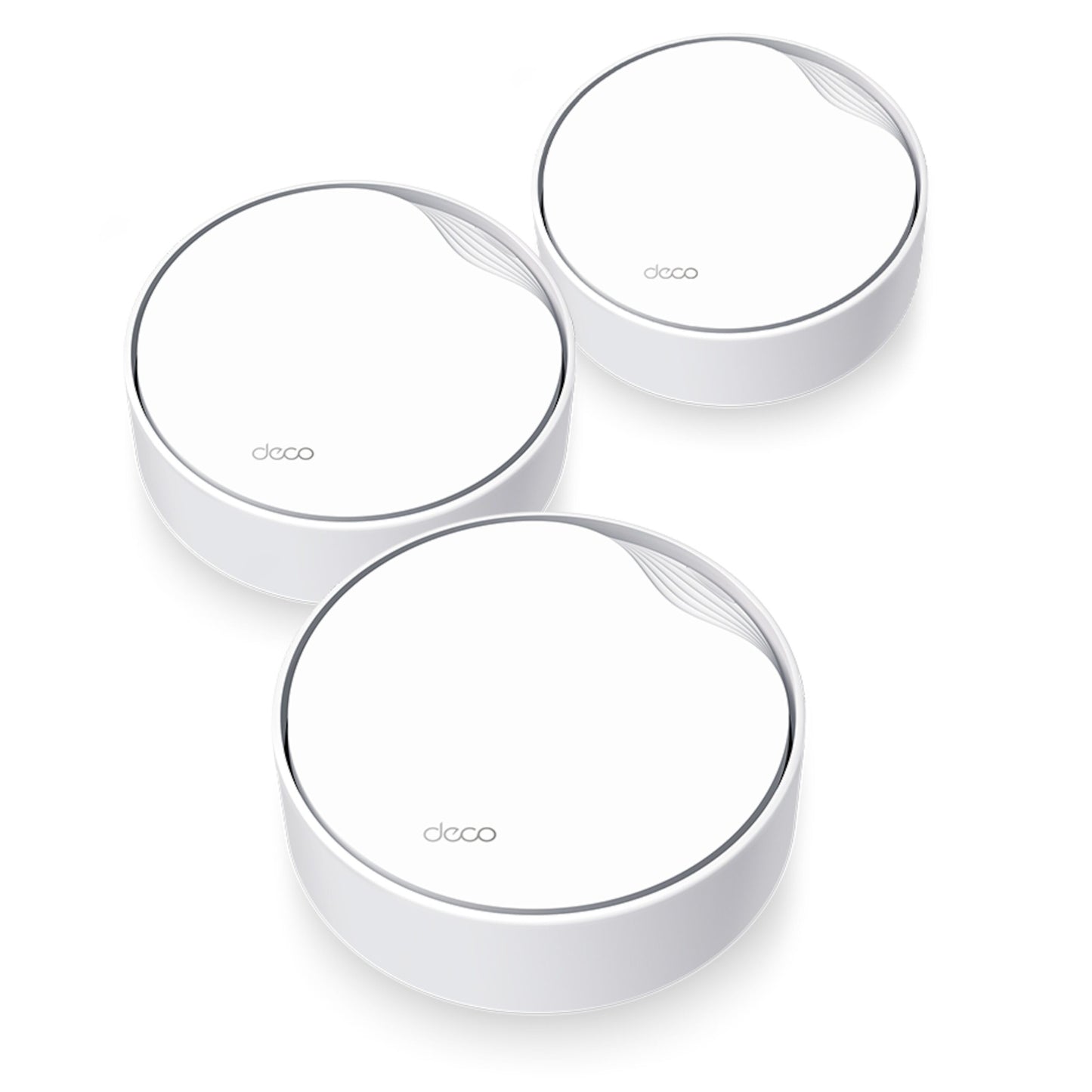TP-Link Deco X50-PoE AX3000 mesh WiFi 6 3-pak, hvide runde enheder med DECO-logo, PoE Ethernet understøttet.