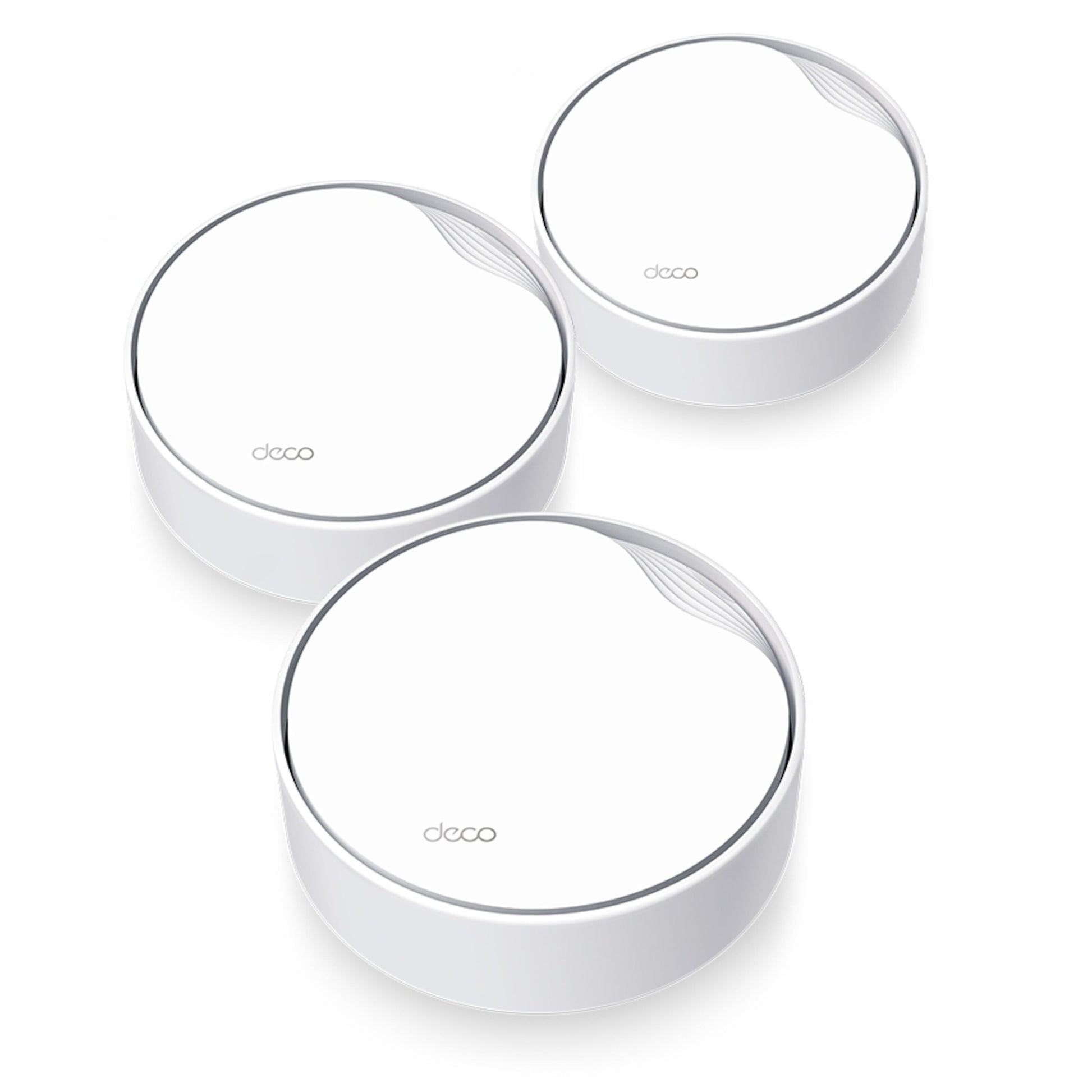TP-Link Deco X50-PoE AX3000 mesh WiFi 6 3-pak, hvide runde enheder med DECO-logo, PoE Ethernet understøttet.